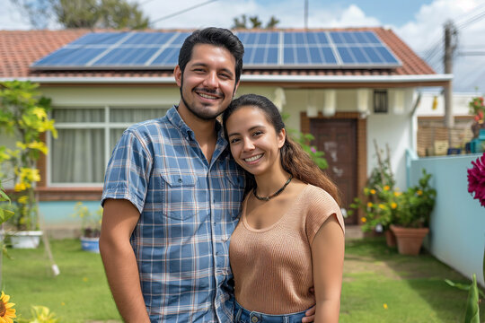 Happy hispanic married couple stands in an embrace in front of their new eco-sustainable house with solar panels on the roof of building.