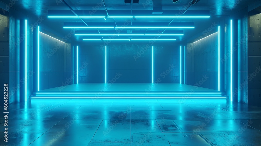 Aufkleber Three-dimensional rendering of an empty futuristic stage with concrete walls and a neon blue color. An empty stage for a futuristic sci-fi film.