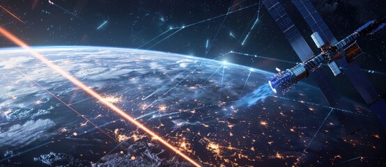 telecom communication satellite orbiting around the globe earth with futuristic technology datum hologram information