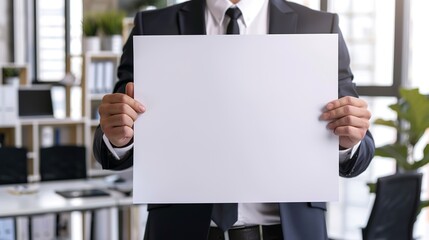 A businessman is holding a blank A4 paper isolated on office background