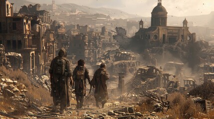 An image of three people walking through a ruined city.