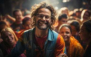 Fototapeta premium Man with glasses addressing crowd. Generative AI