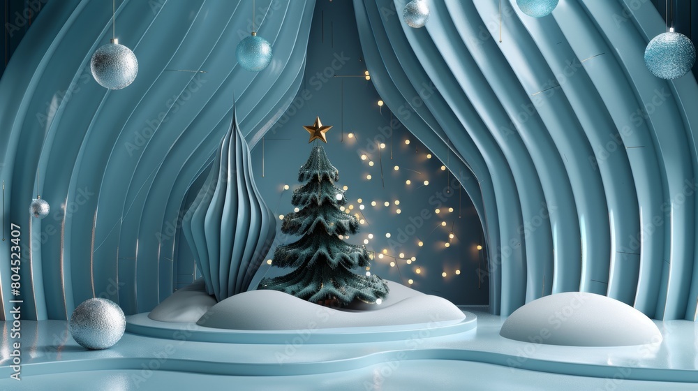 Poster 3D abstract composition with Christmas tree and stage for product display.