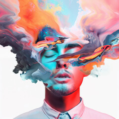 Vibrant creative surreal illustration of state of mind. Man 's face covered with colourful liquid substance and smoke.