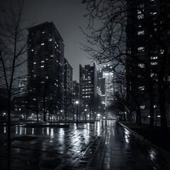 Obraz premium Urban environment at night. The essence of the city using only shades of gray. Monochromatic aesthetic images.