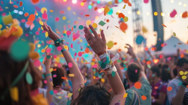 A large, energetic crowd of diverse individuals is gathered at a music festival, enjoying live performances and soaking in the lively atmosphere.