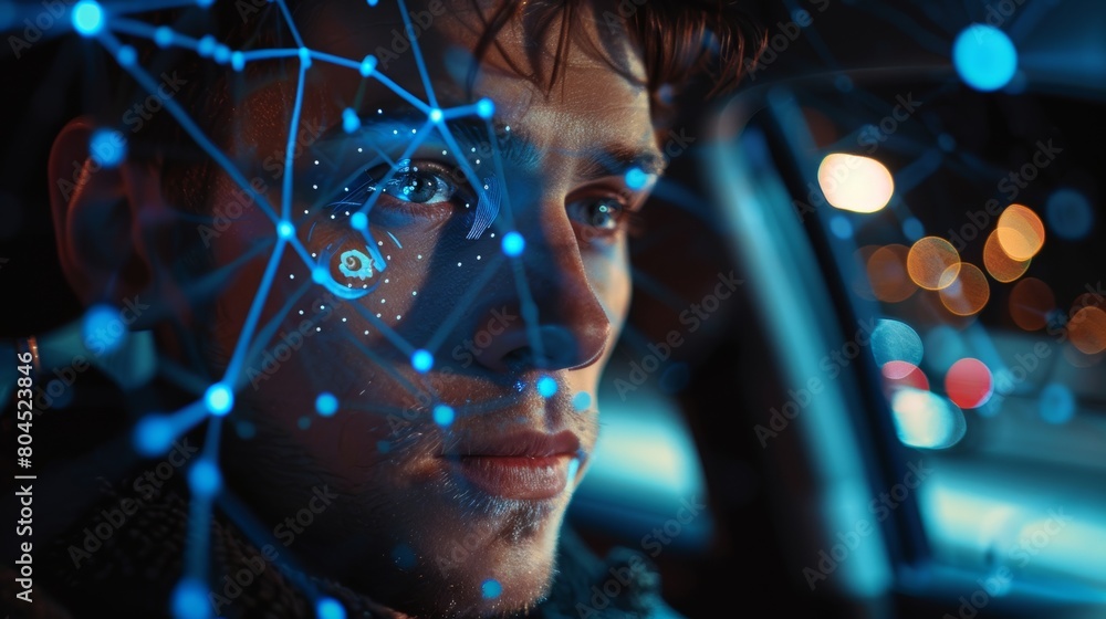 Poster This is the future. Face Detection. Technological 3D Scanning. Biometric Facial Recognition. Face Id. This is the future. Technological Scanning of the Face of A Handsome Caucasian Man in a Car for