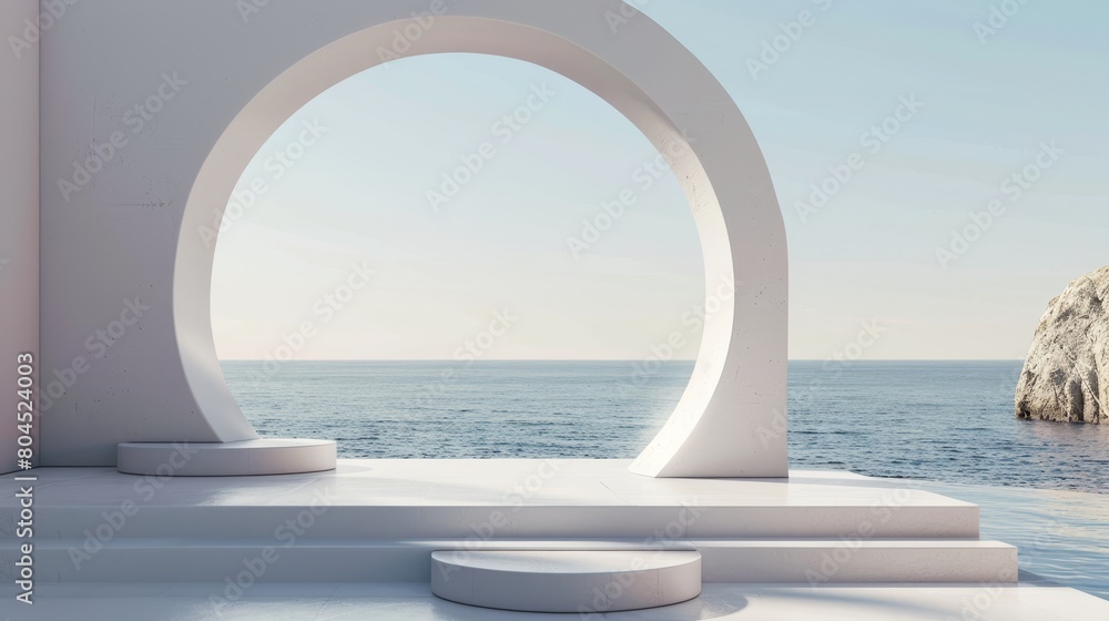 Leinwandbilder a geometrical shape with a podium in natural daytime light. a minimal landscape background. a sea vi