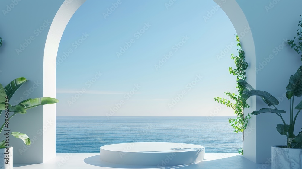 Aufkleber a geometrical form with a podium framed by a minimal landscape background. a sea view. a summer scen