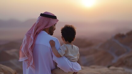 Saudi family, father and son in desert at sunset, parent offspring vacation traditional clothing adventure