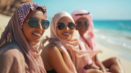 Fototapeta premium Saudi leisure time, three muslim women on beach, beauty portrait leisure activity sunlight enjoyment