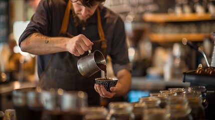Coffee enthusiast, barista pouring coffee, lifestyle bartender entrepreneur machinery holding