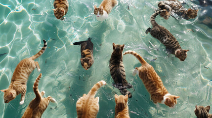 cats are walking around and playing in the sea. generative ai
