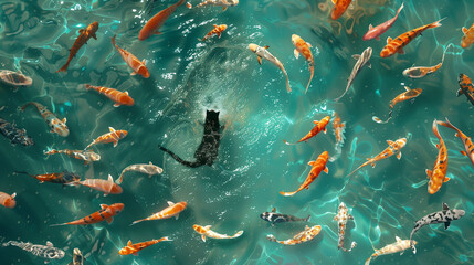 A black cat swims with fish in the sea.generative ai