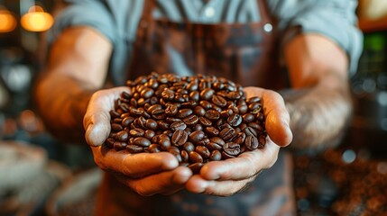 Coffee addict, man holding coffee beans, hand agriculture selective focus apron focus on foreground - Powered by Adobe