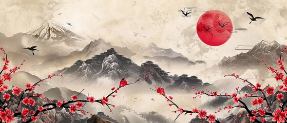 An oriental wallpaper with wave, bamboo, birds, and cherry blossoms. The landscape is dominated by mountains.