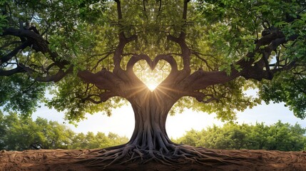Tree with roots shaped like heart, idea symbol season sun concept