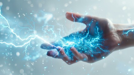 Pair of hands reaching out to touch lightning, hand holding lightning bolt, idea backdrop biology internet human finger