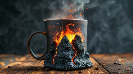 Coffee mug with tiny working volcano inside, lava mug on table, yellow coal campfire liquid inferno
