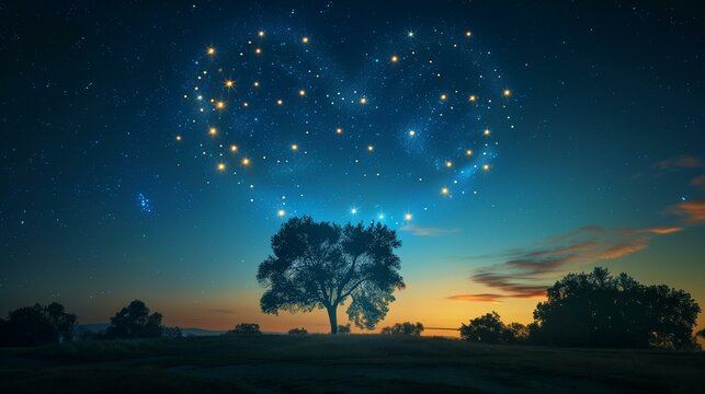 Constellation of stars forming shape of heart, tree with stars in shape of heart, nebula astronomy glowing illuminated season