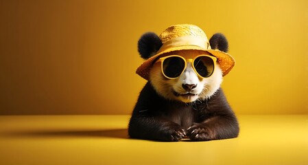 Cute panda bear wearing hat and sunglasses sitting on wooden floor