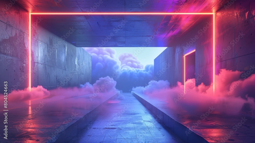 Poster 3D rendering of futuristic sci-fi modern empty stage. Reflective concrete room with glowing neon and clouds.