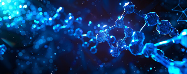 Cosmic indigo with neon blue molecular formations vibrant polygons depicting an advanced technological universe.