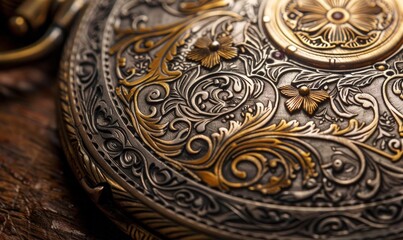 Closeup of intricately engraved silver and gold armor