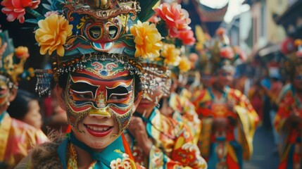 A diverse group of individuals dressed in vibrant costumes and masks, celebrating with dances and performances at a cultural event.