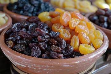 Exquisite Assortment of Sun-Dried Fruits Nestled in a Delicate Ceramic Bowl, a Perfect Blend of Sweetness and Elegance