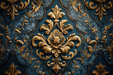  A dramatic pattern of dark blue and gold damask wallpaper, with intricate floral designs in the corners. Created with Ai