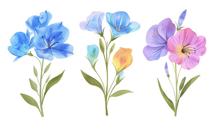 Spring Floral Branches on Transparent Background - Botanical Illustration of Colorful Flowers and Leaves, Ideal for Seasonal Designs and Decor