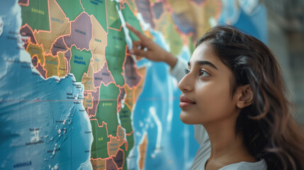 ensive serious young 20s Indian student girl studying geography global world map on wall, pointing finger at ocean, searching country for vacation travel, thinking on destination