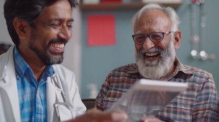 Obraz premium Happy geriatric young doctor and senior Indian patient man discussing modern technology, healthcare, using digital tablet together, looking at display in practitioner office, laughing