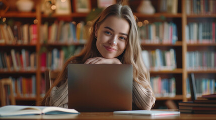Portrait of happy attractive student girl posing for camera seated at desk with laptop and textbook, enjoy education in university, preparing for exams or high-school admission, studying in library