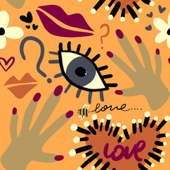 Abstract Hand Drawing Retro Graffiti Cartoon Eyes Hearts Flowers Hands Lips and Question Marks Seamless Vector Pattern Isolated Background