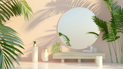 The backdrop is a natural beauty podium with tropical palm leaves for displaying cosmetic products.