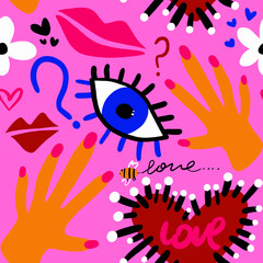 Abstract Hand Drawing Retro Graffiti Cartoon Eyes Hearts Flowers Hands Lips and Question Marks Seamless Vector Pattern Isolated Background