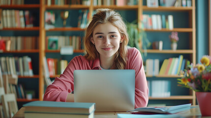 Portrait of happy attractive student girl posing for camera seated at desk with laptop and textbook, enjoy education in university, preparing for exams or high-school admission, studying in library