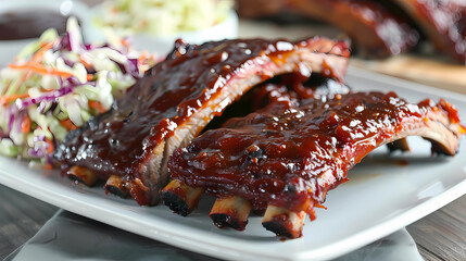 A heaping plate of Southern-style barbecue ribs, slow-cooked to perfection and slathered in a tangy homemade sauce, served with a side of creamy coleslaw.