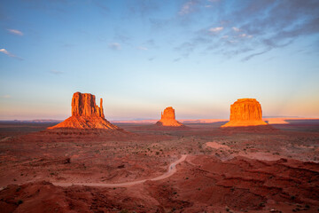 Monument Valley illuminated in sunset in American Southwest