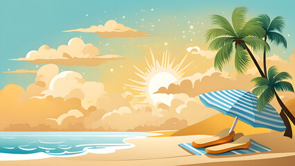 Summer Vacation Background with Beach, Sand, Sunlight, and Lounge Chairs. Perfect for: Travel Agencies, Vacation Promotions, Beach-themed Designs.