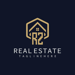 RZ initial monogram logo for real estate with home shape creative design.