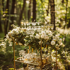 charette gold of fresh drinks and champagne with white flowers on the signature drinks in the forest, wedding mood. the trollies are surrounded with trees.