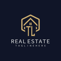 initial monogram logo for real estate with building shape creative design	
