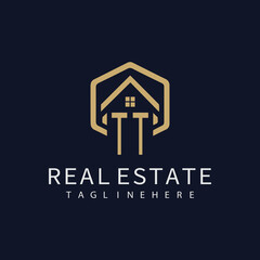 initial monogram logo for real estate with building shape creative design	
