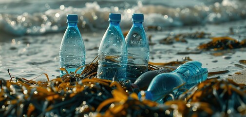 A close up shot of a cluster of plastic water bottles stuck in seaweed on the beach
