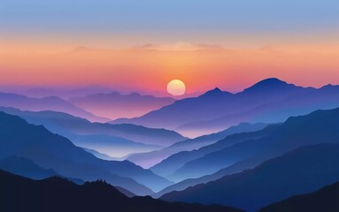Fototapeta premium Very beautiful mountain sunrise or sunset vector landscape