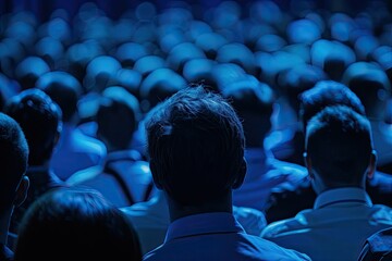 Engrossed Audience in Dark Blue Attire Captivated by Presentation at Conference