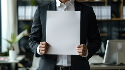 A businessman is holding a blank A4 paper isolated on office background